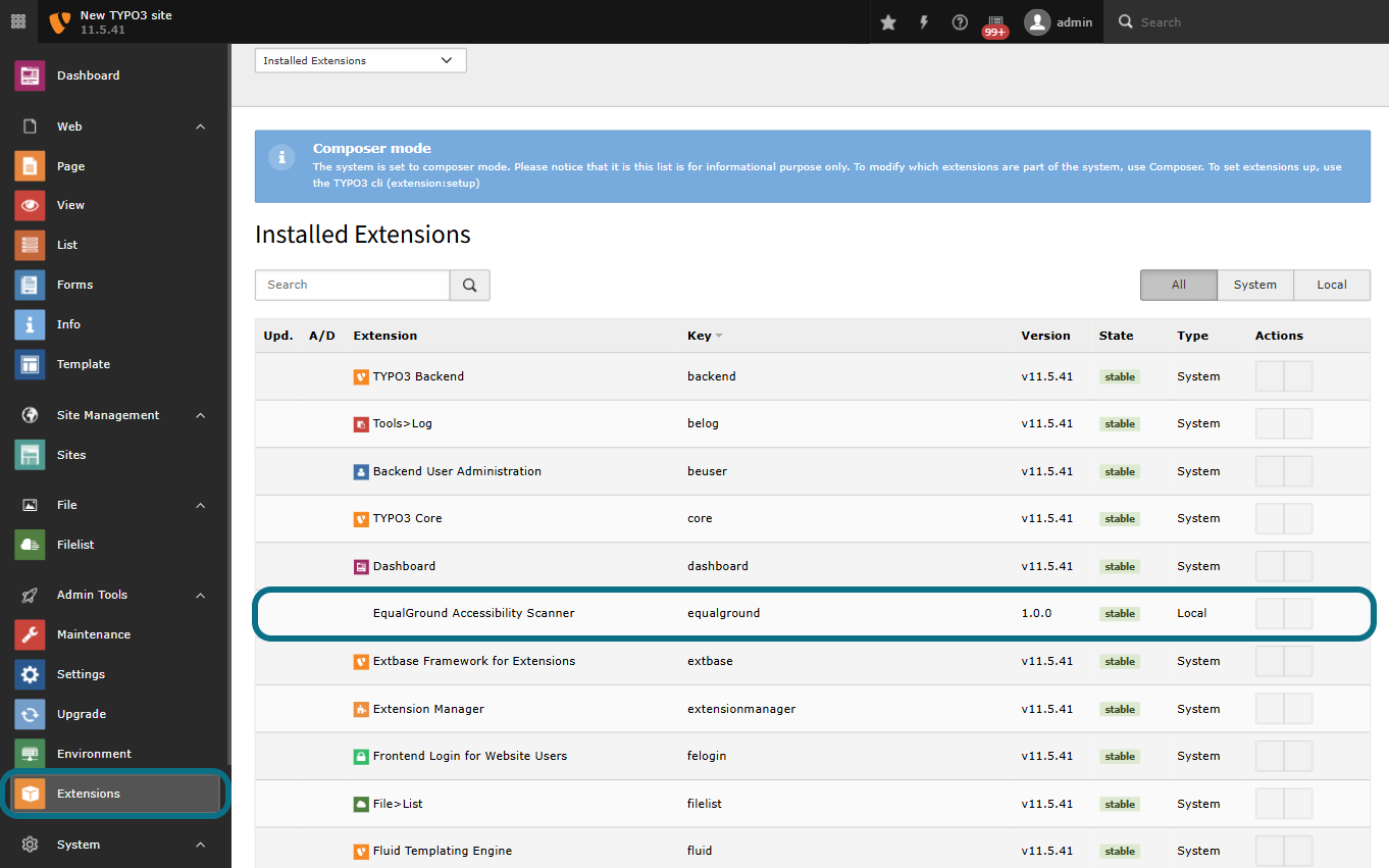 TYPO3 extensions page with extension tab and EqualGround Accessibility Scanner row circled
