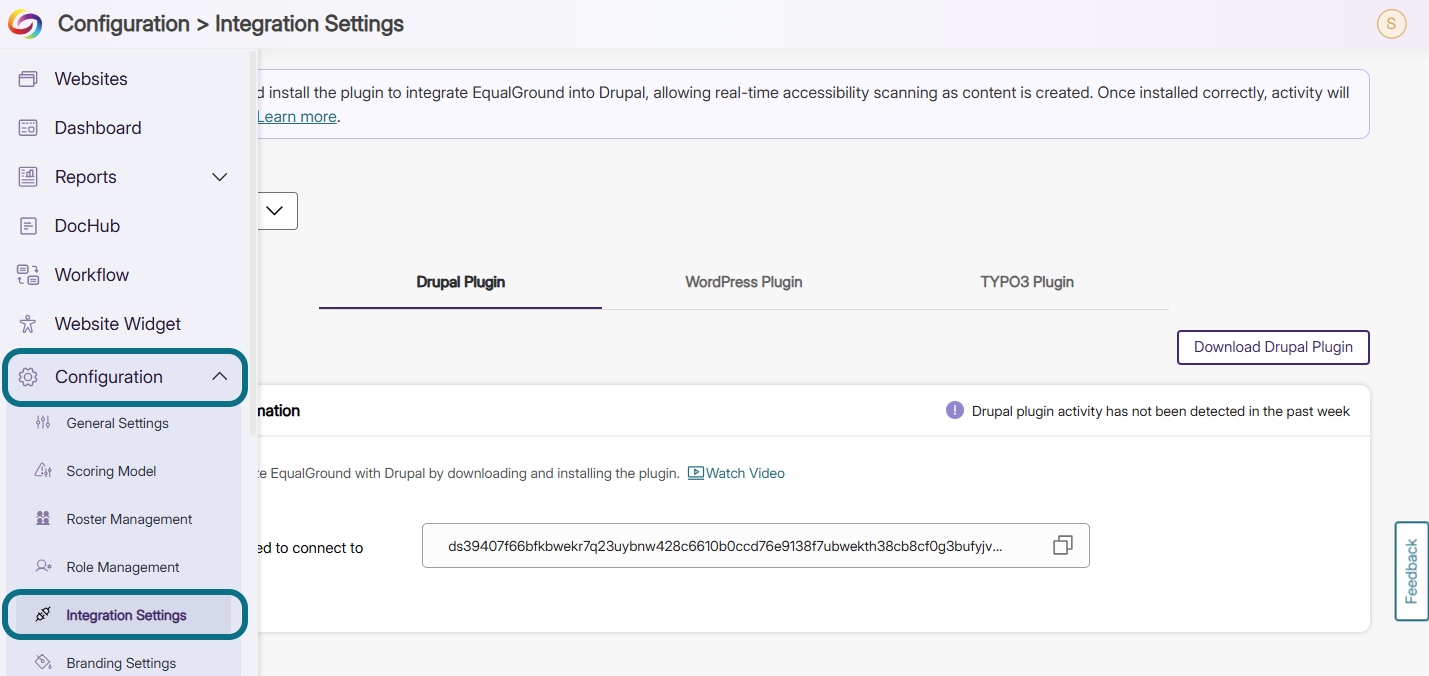 EqualGround integration settings page with configuration and integration settings circled