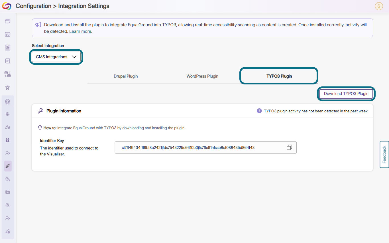 EqualGround integration settings page with select integrations drop-down menu, TYPO3 Plugin tab and download TYPO3 Plugin button circled