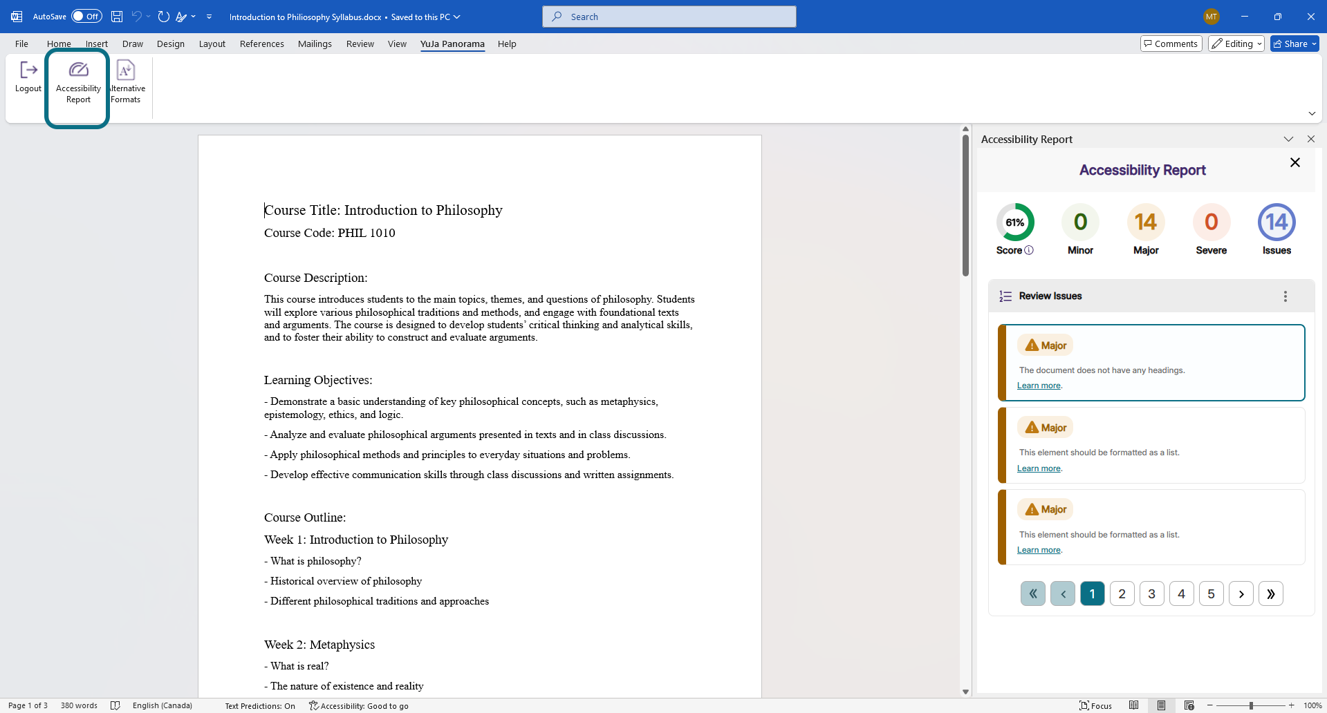 Accessibility Report in the Panorama Office Add-in is highlighted.