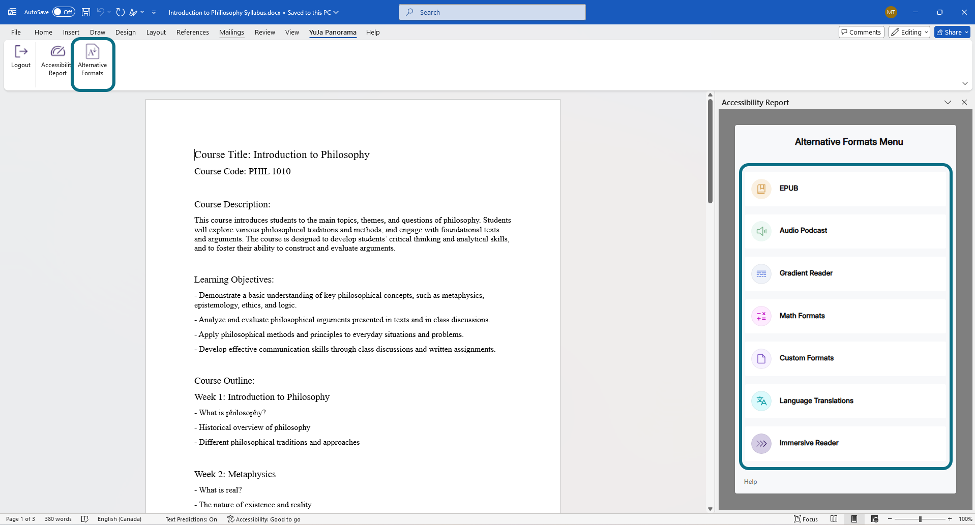 Alternative Formats in the Panorama Office Add-in is highlighted.