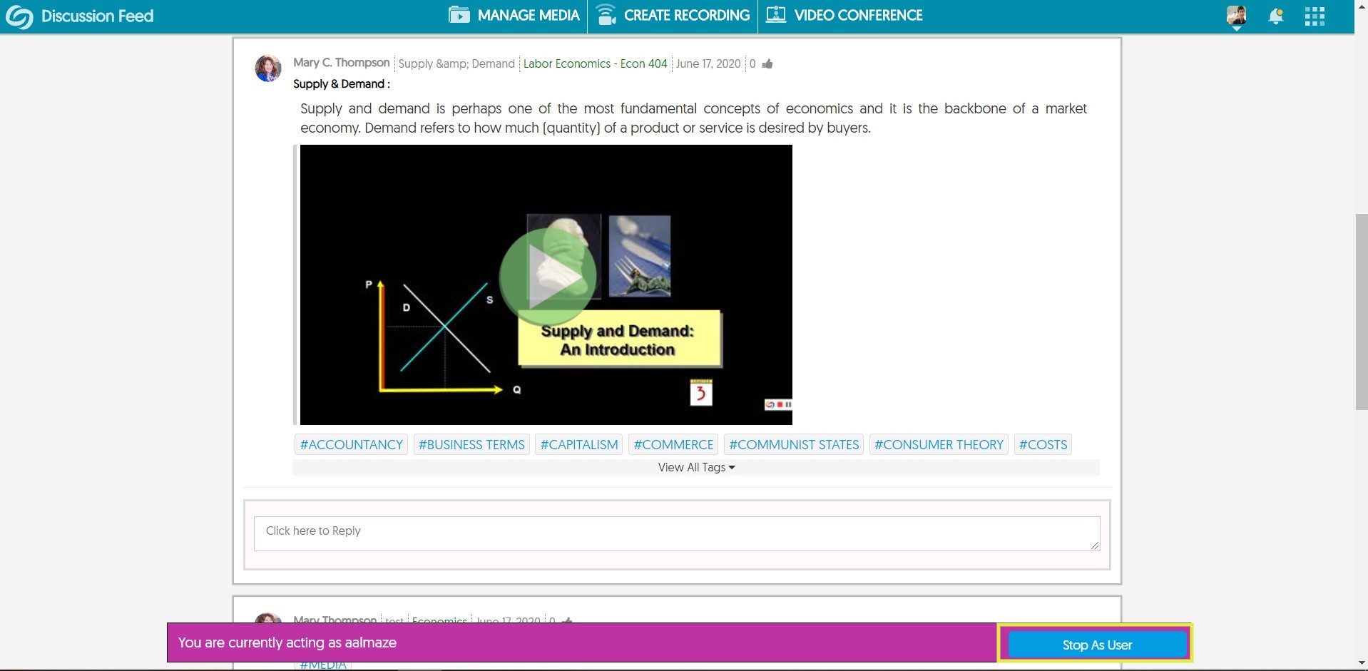 Discussion feed screen with Act as User bar displayed and Stop Act as User highlighted
