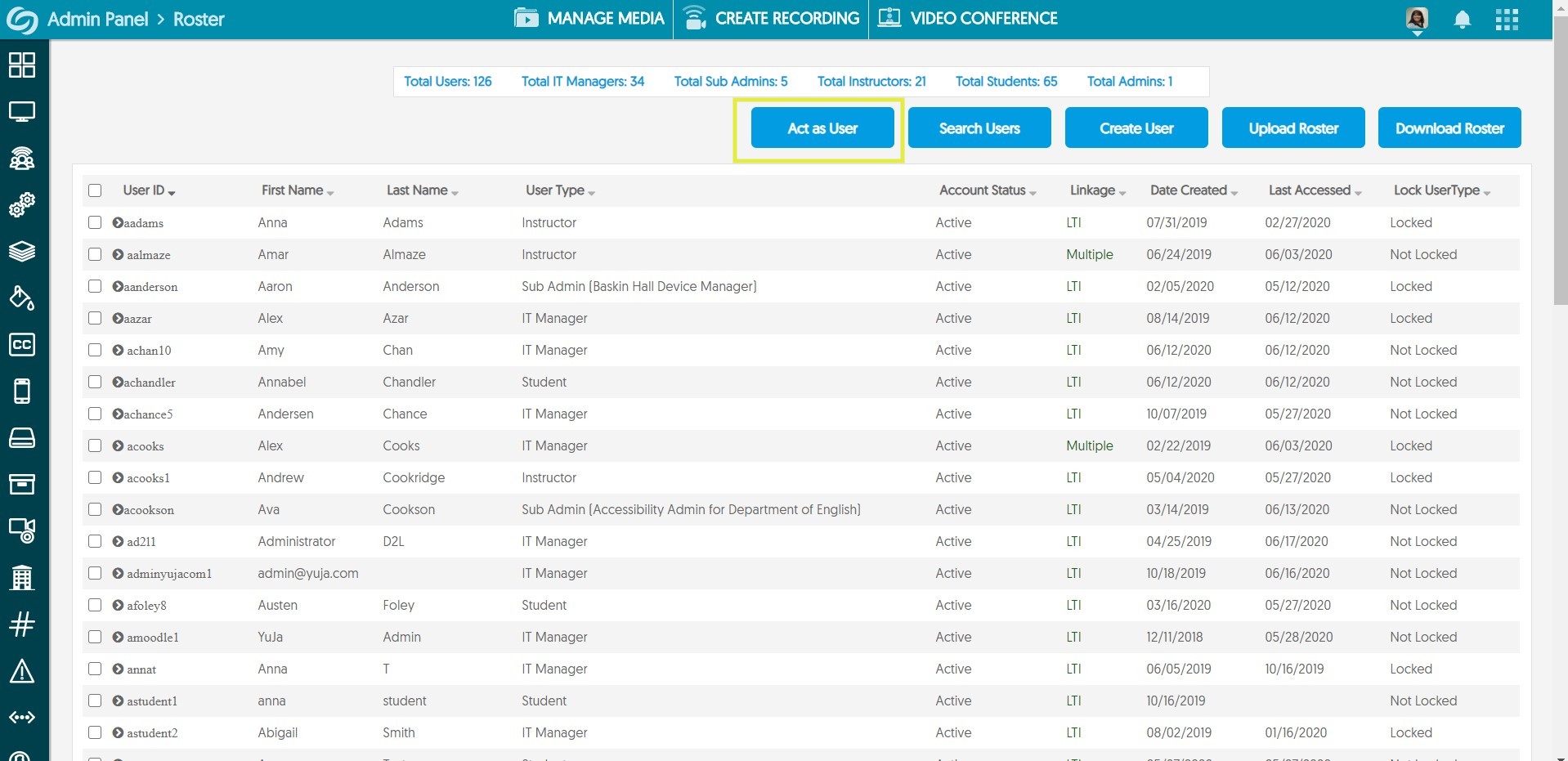 User Roster page with Act as User highlighted