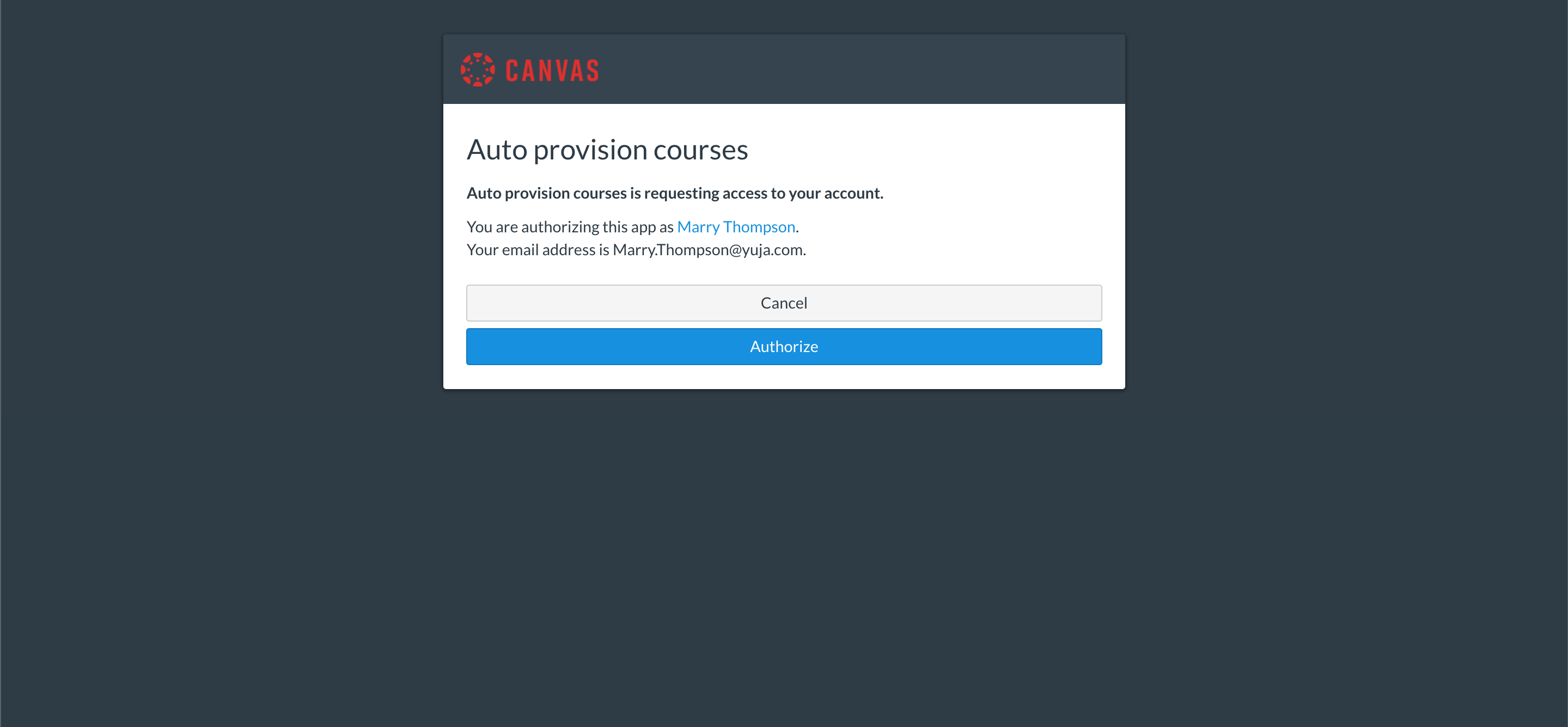 Canvas confirmation page for auto provisioning courses.