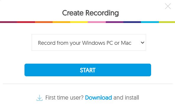 The create recording dialogue window. Record from your windows PC or Mac is selected from the drop-down menu.