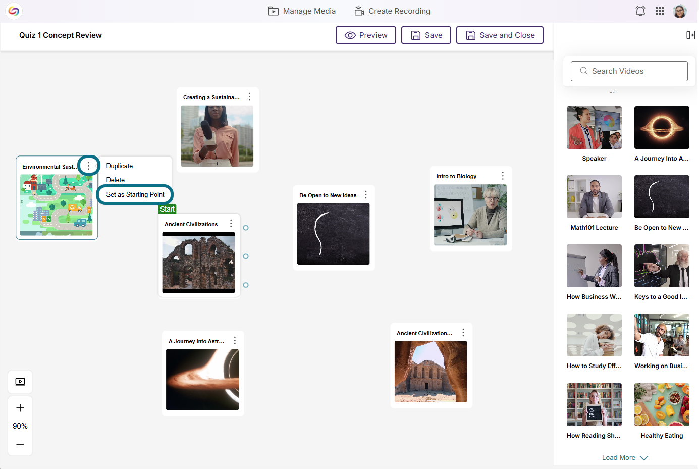 Lumina branching video editor with More Actions button and Set as Starting Point button circled