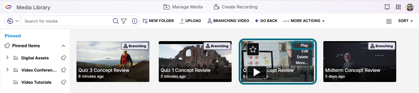 Lumina branching videos page with video and play button circled
