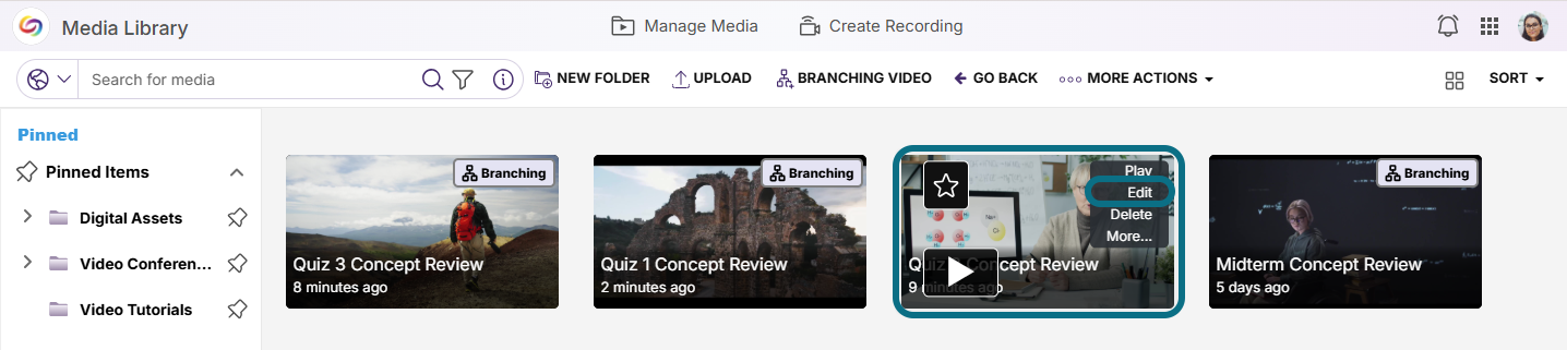 Lumina branching video page with video and edit button circled