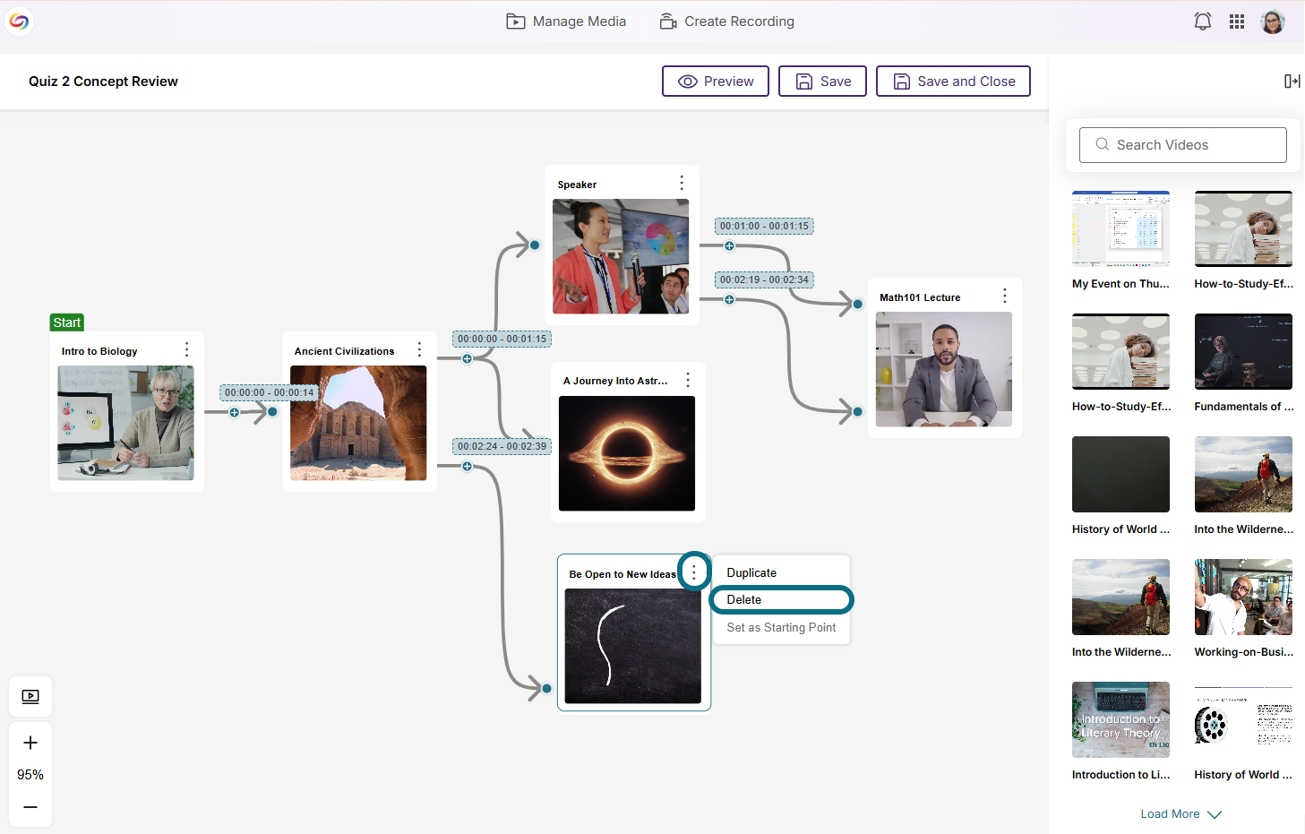 Lumina branching video editor page with More Actions button and Delete button circled