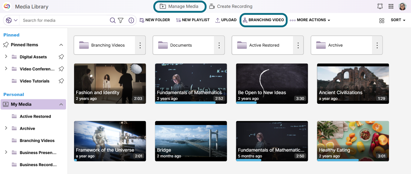 Lumina manage media page with manage media button and branching video button circled