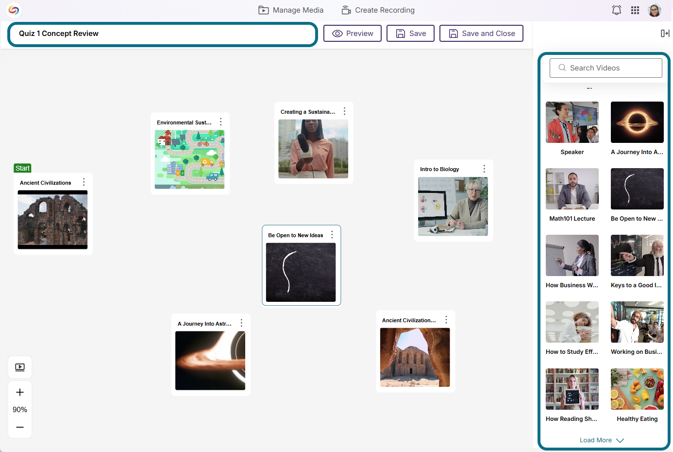 Lumina branching video editor page with title and sidebar circled