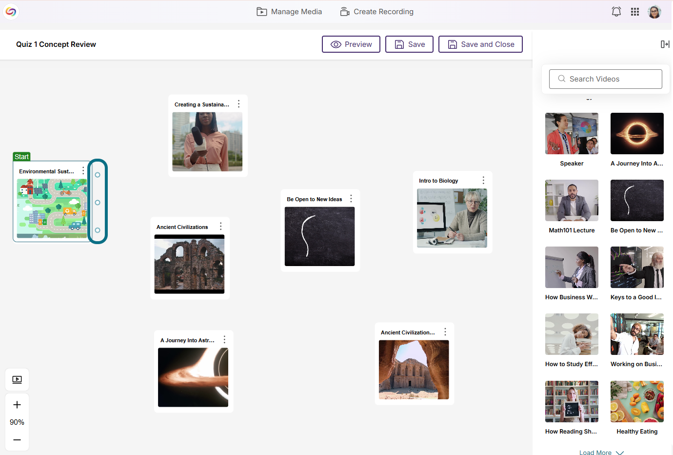Lumina branching video editor page with three circular buttons circled