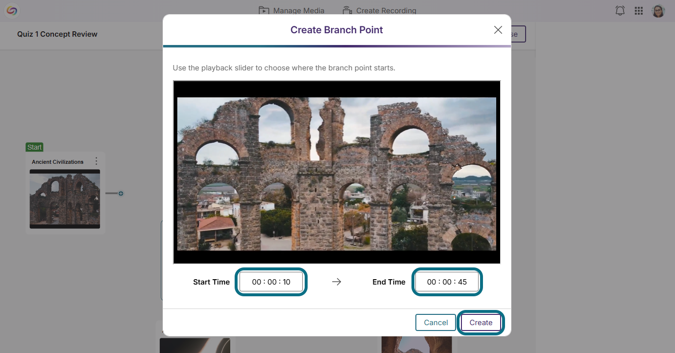Lumina branching video editor create branch point modal with start time, end time and create button circled