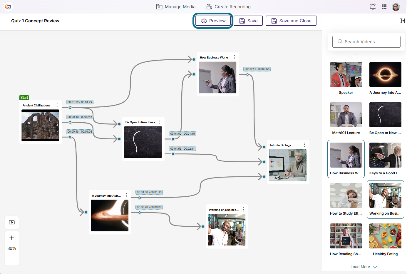 Lumina branching video editor with preview button circled