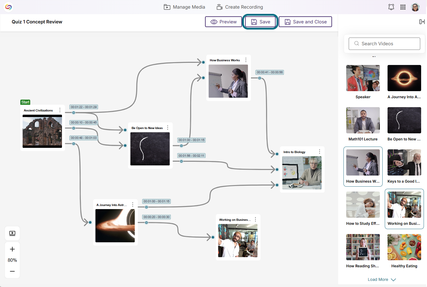 Lumina branching video editor with save button circled