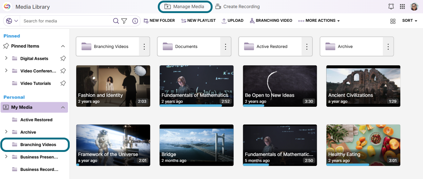Lumina manage media page with manage media button and branching video folder circled