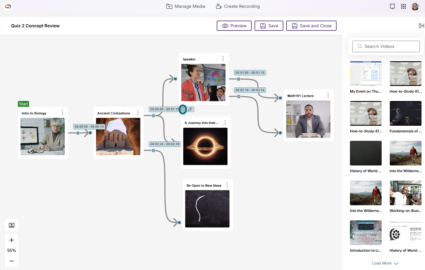 Lumina branching video page with branch point delete button circled