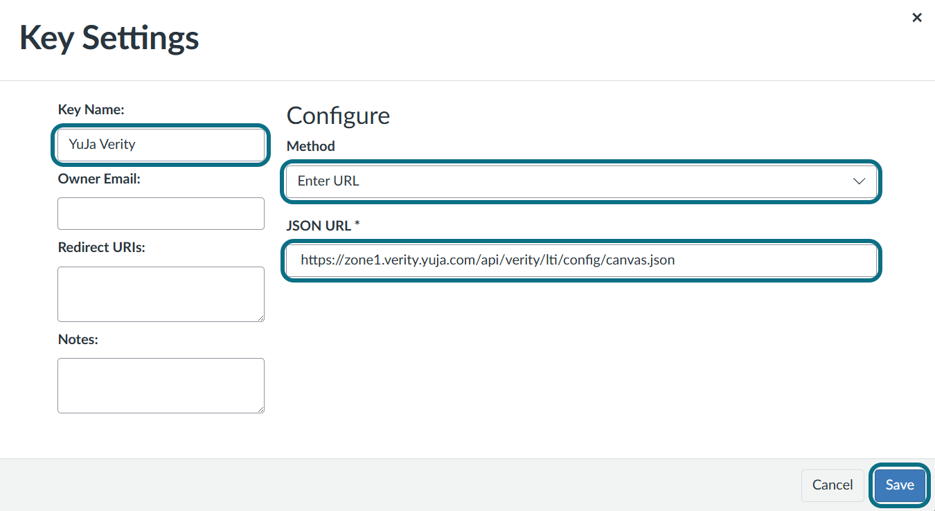 Canvas key settings page with key name field, method field, JSON URL field and save button circled