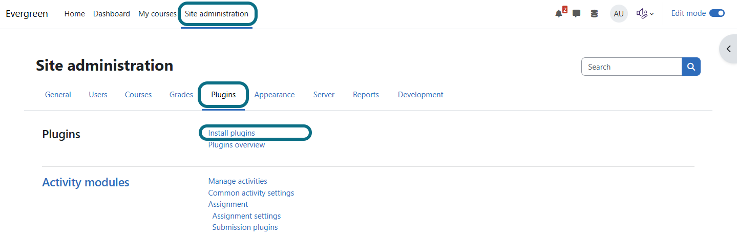 Moodle site administration page with plugins tab and install plugins circled
