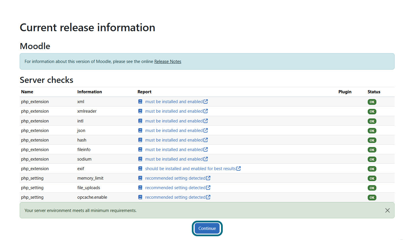 Moodle current release information page with continue button circled