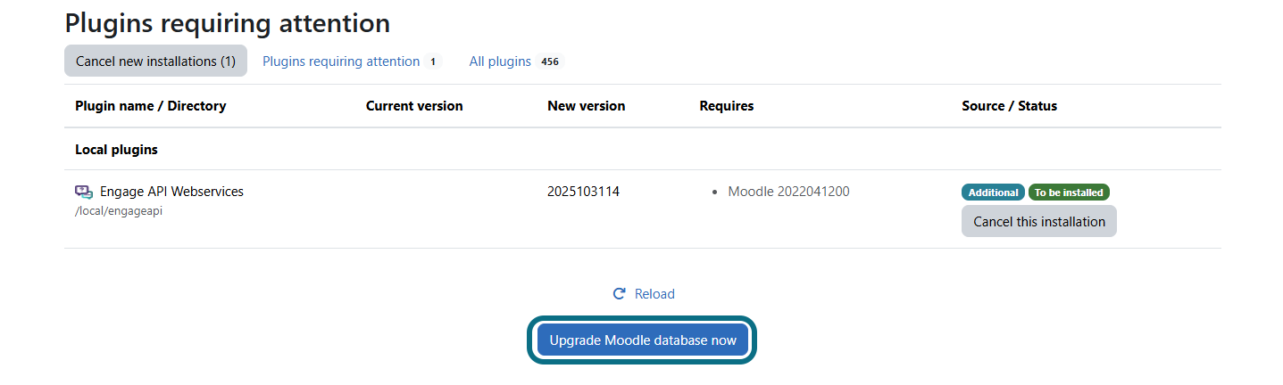 Moodle plugins requiring attention page with Upgrade Moodle database now button circled