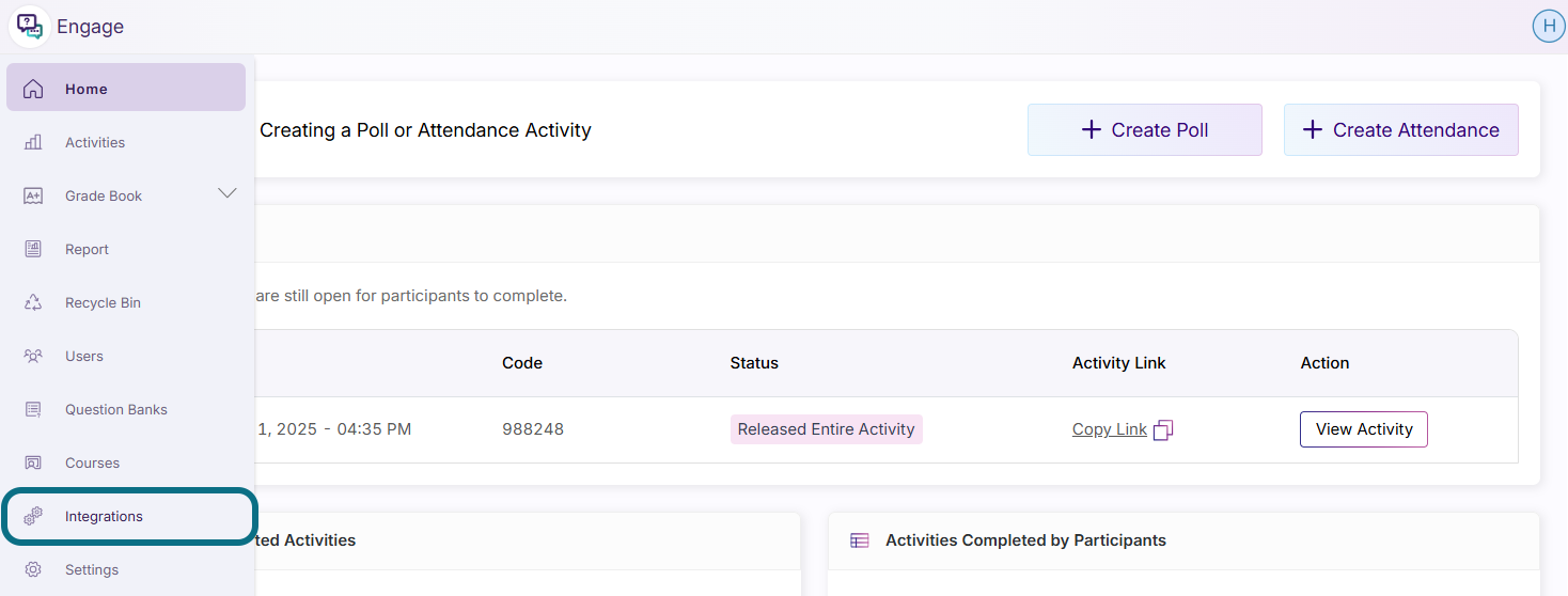 Engage sidebar with the Integrations tab circled