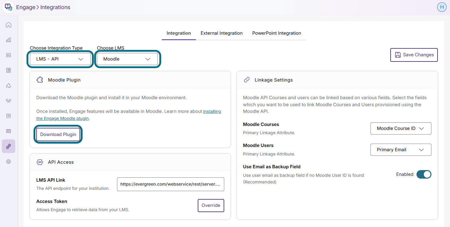 Engage Moodle API integration page with choose integration dropdown field and choose LMS dropdown field circled and download plugin button circled