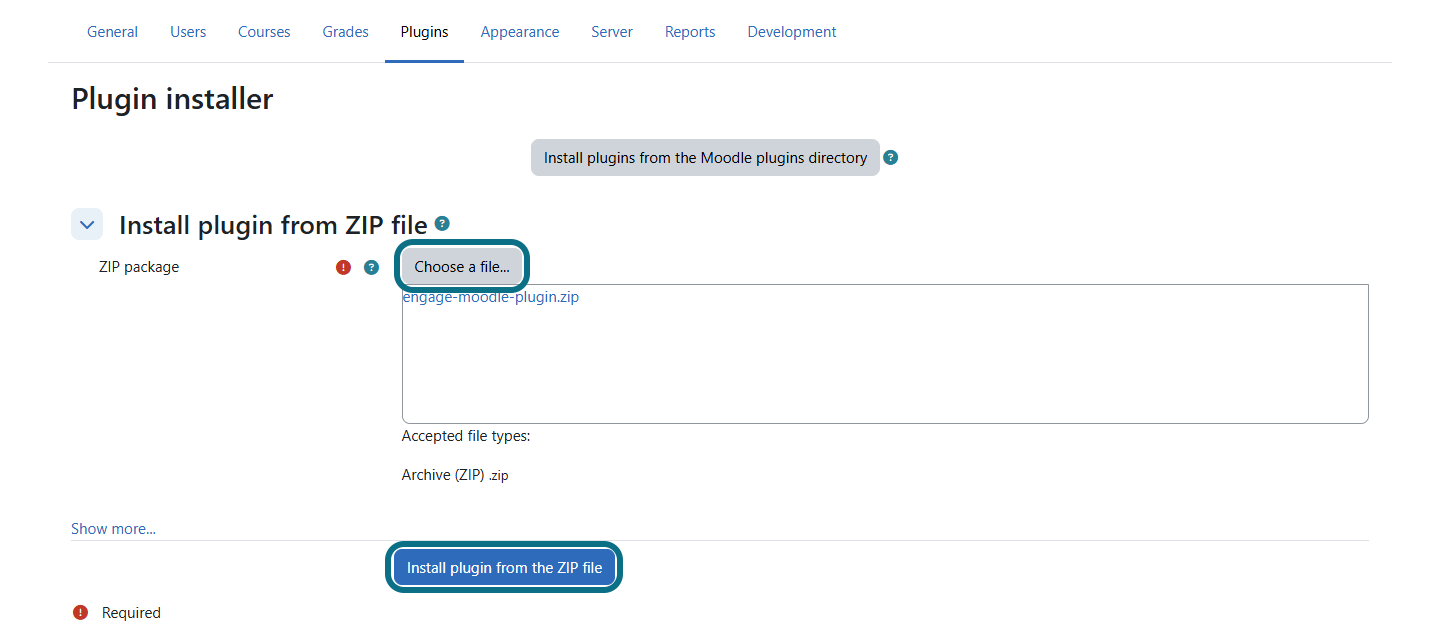 Moodle plugin installer page with Choose a file button and Install plugin from the ZIP file button circled