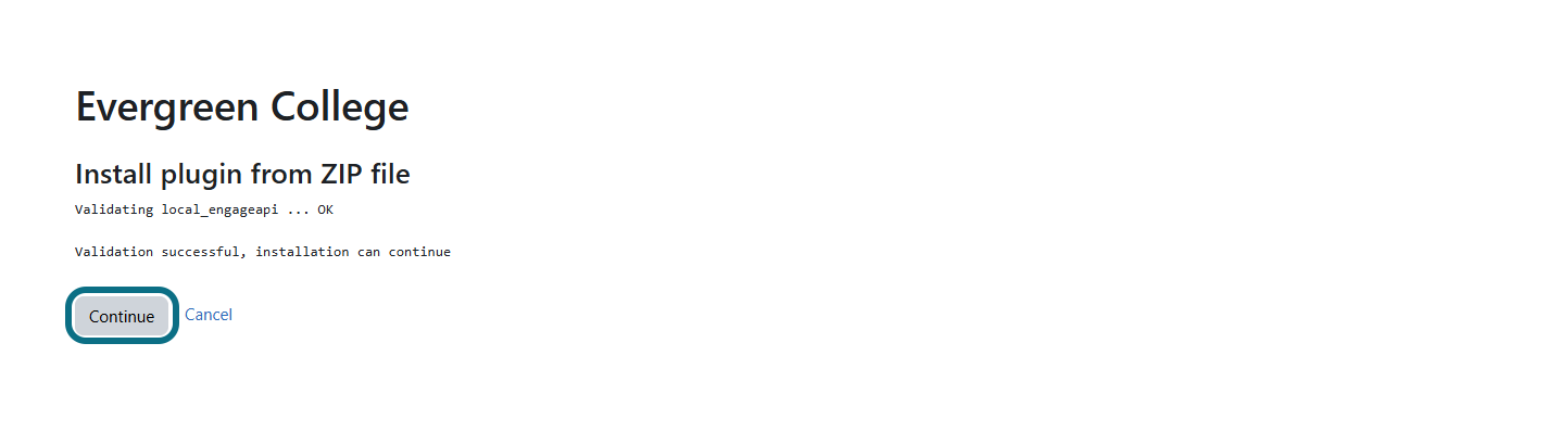 Moodle with install plugin from Zip file page with continue button circled