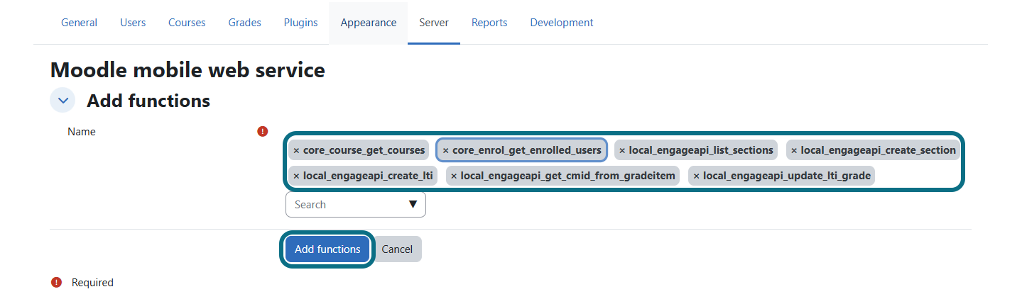 Moodle server add functions page with functions circled and add functions button circled