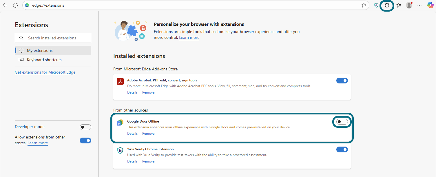 Microsoft Edge settings page with an extension and its toggle circled
