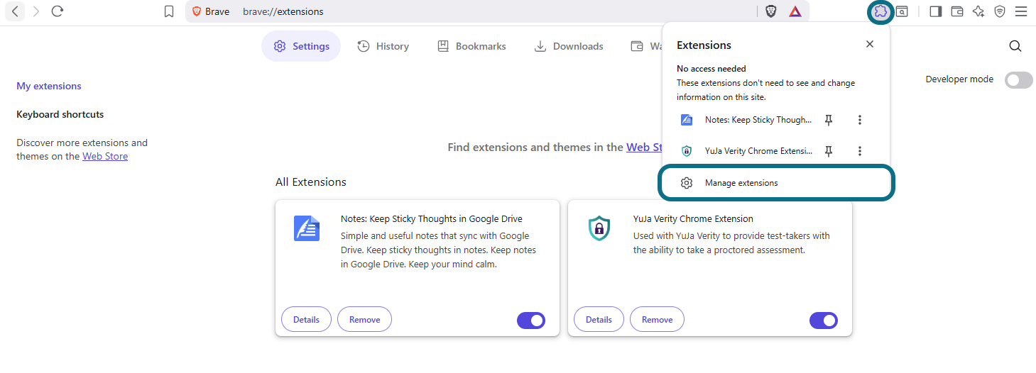 Brave settings page with Extensions button and Manage extensions button circled