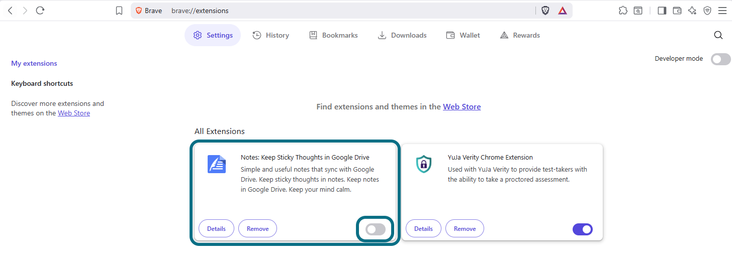 Brave settings page with an extension and its toggle circled
