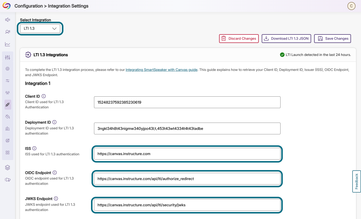 SmartSpeaker Integrations page with LTI 1.3 option circled and ISS, OIDC endpoint and JWKS endpoint fields circled