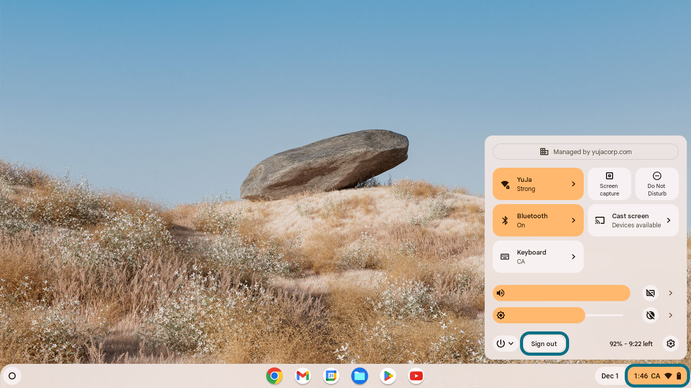 Chromebook settings window with taskbar and sign out button circled