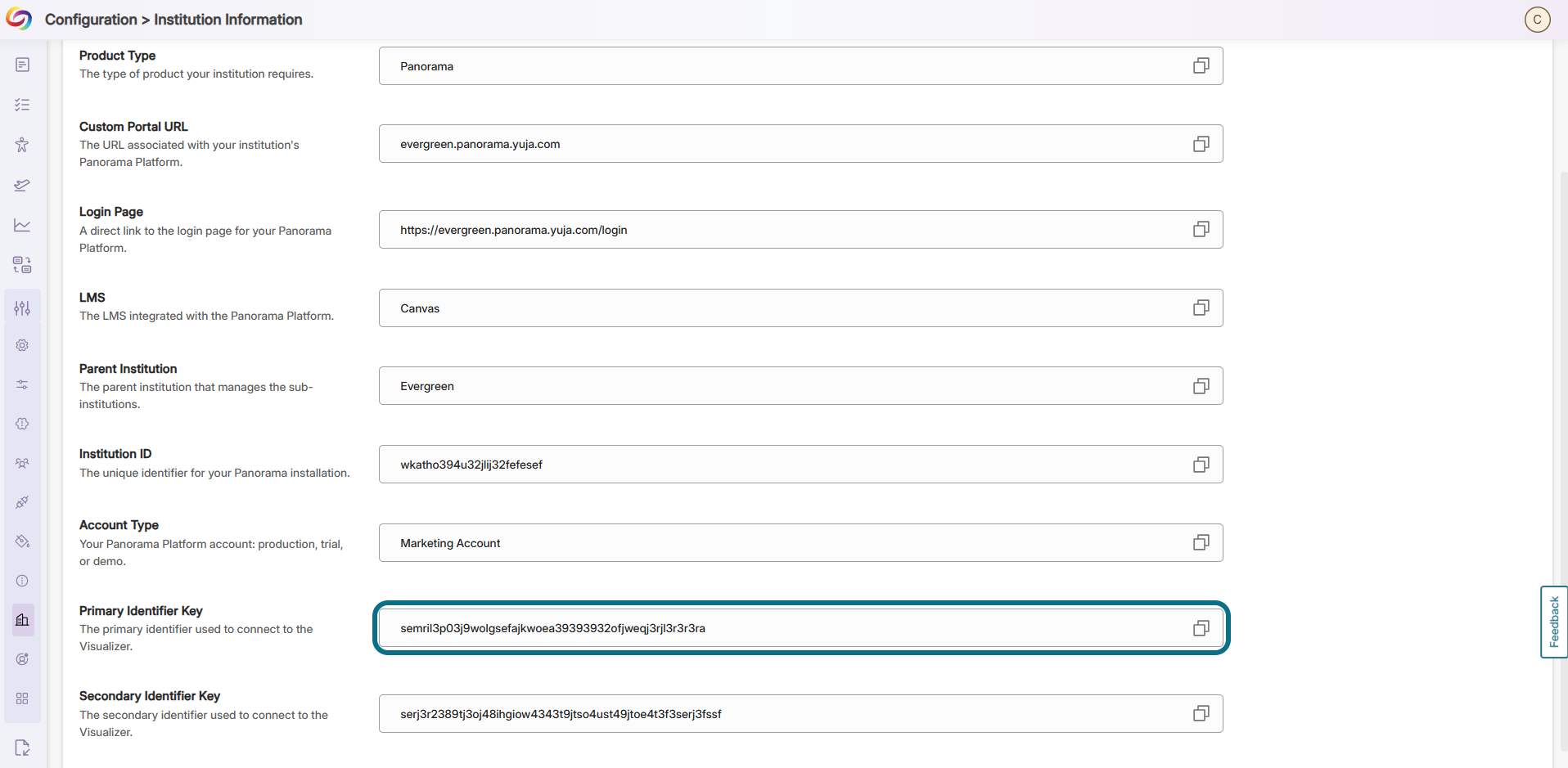 Panorama institution information page with primary identifier key circled