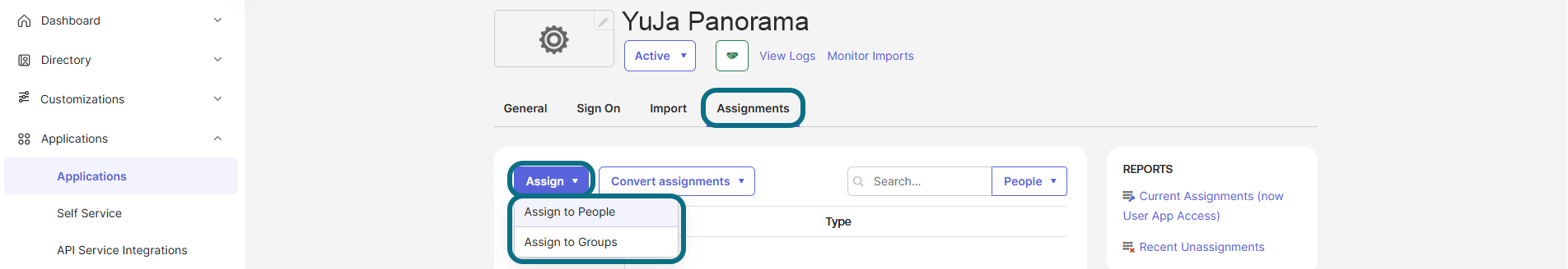 Okta with assignments tab and assign button circled.png