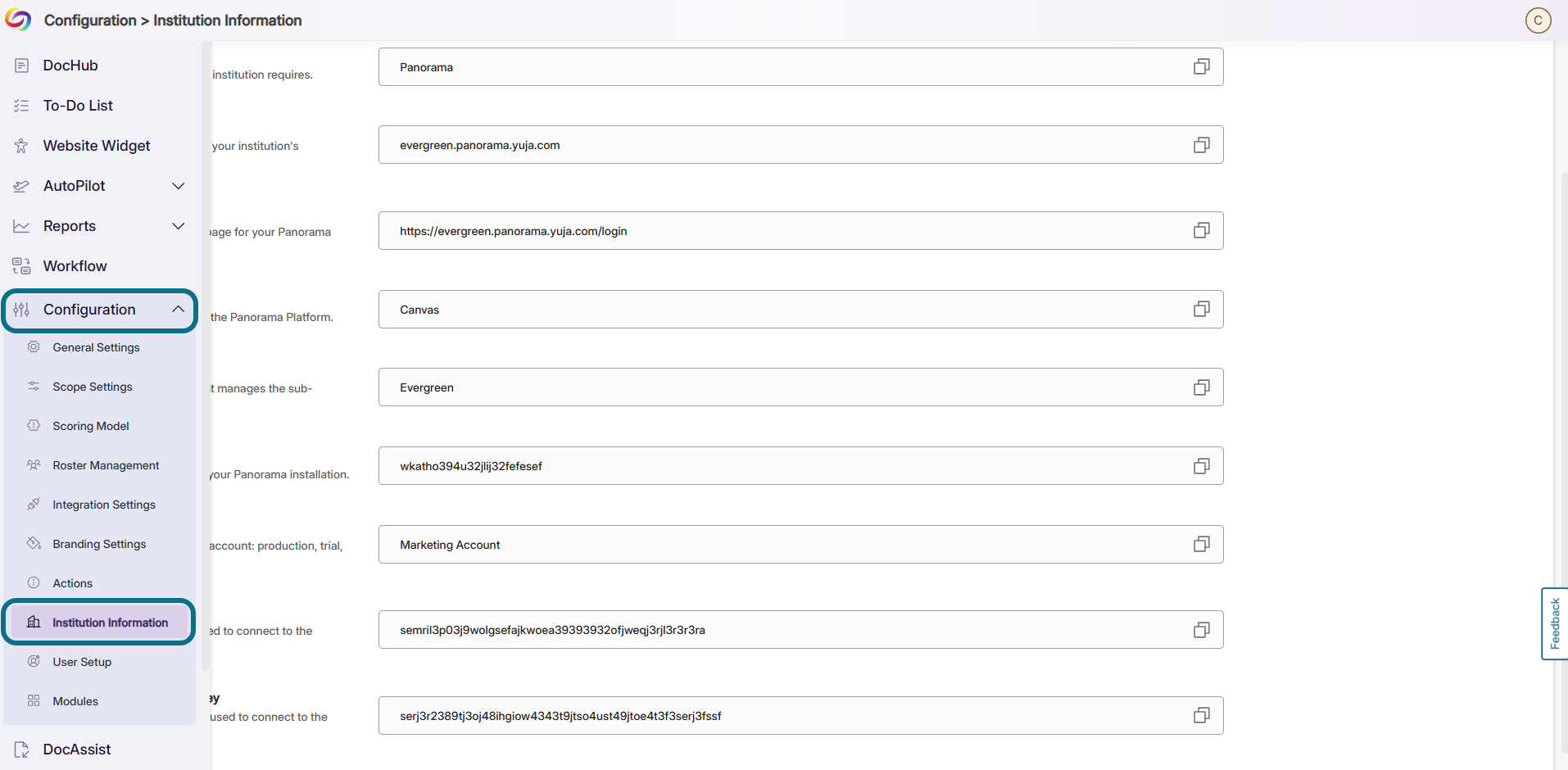 Panorama institution information page with configuration tab and institution information tab circled