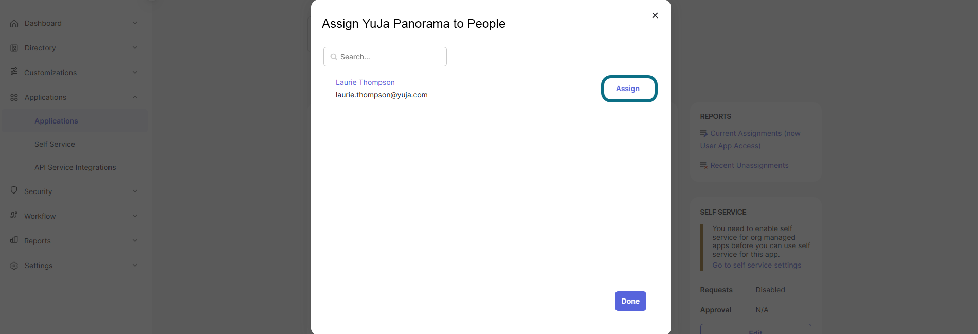 Okta applications page with assign button circled.png