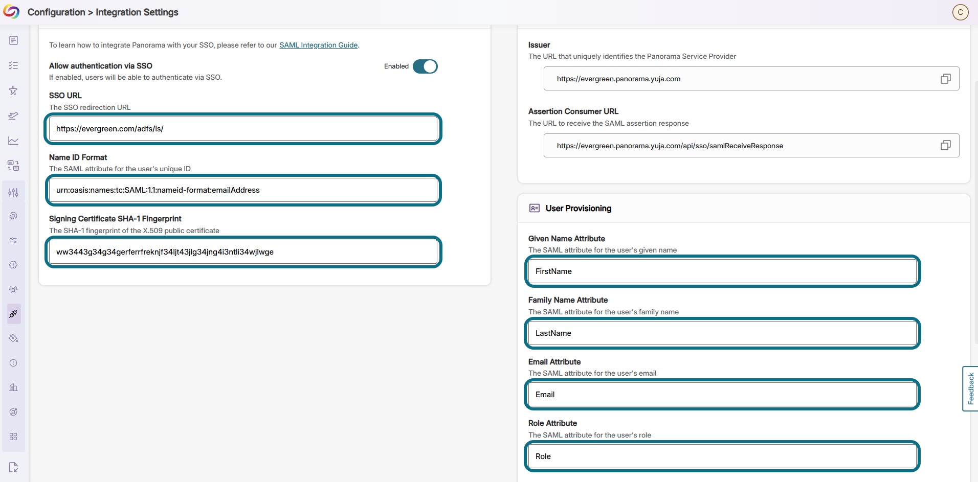 Panorama integration settings page with SSO fields and User Provisioning fields circled