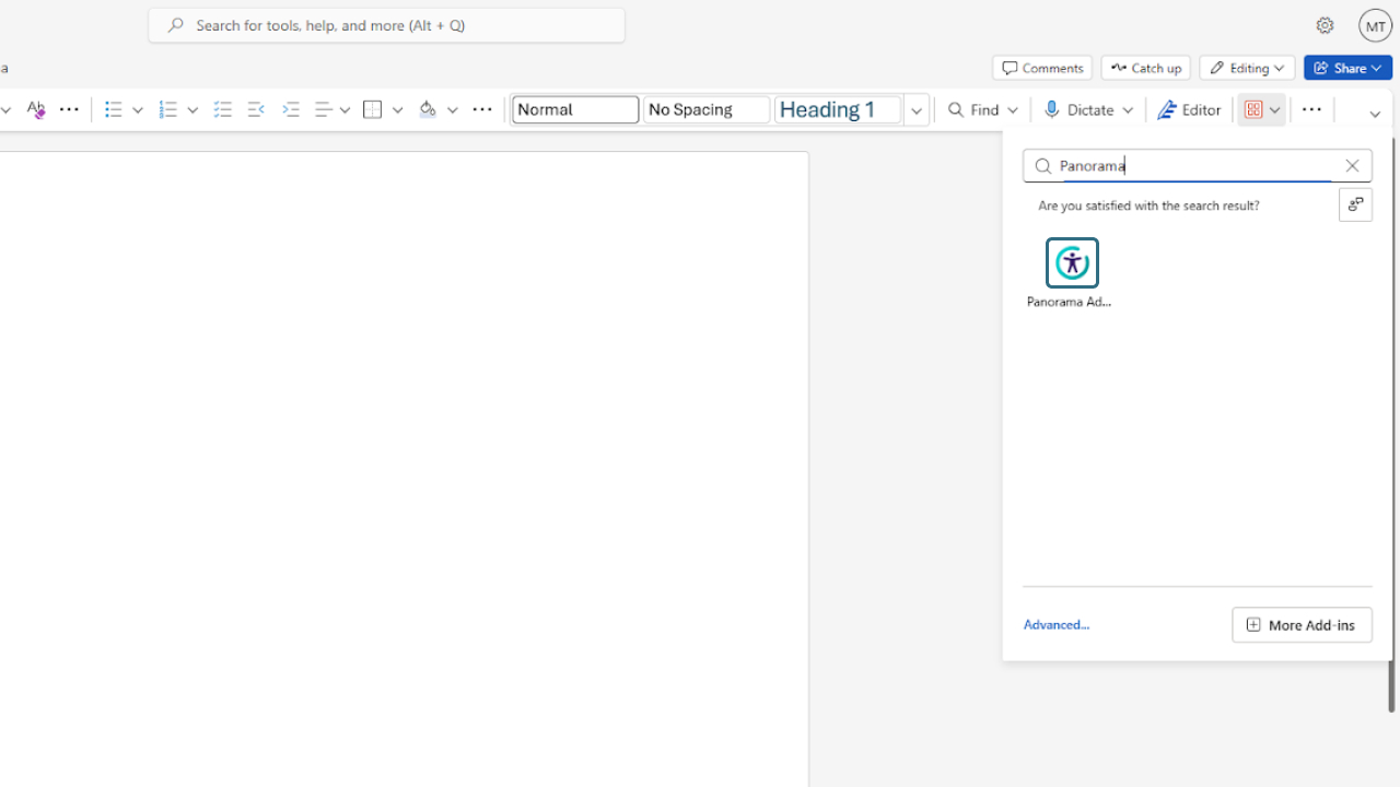 The Panorama Office Add-in in the Add-ins dropdown.