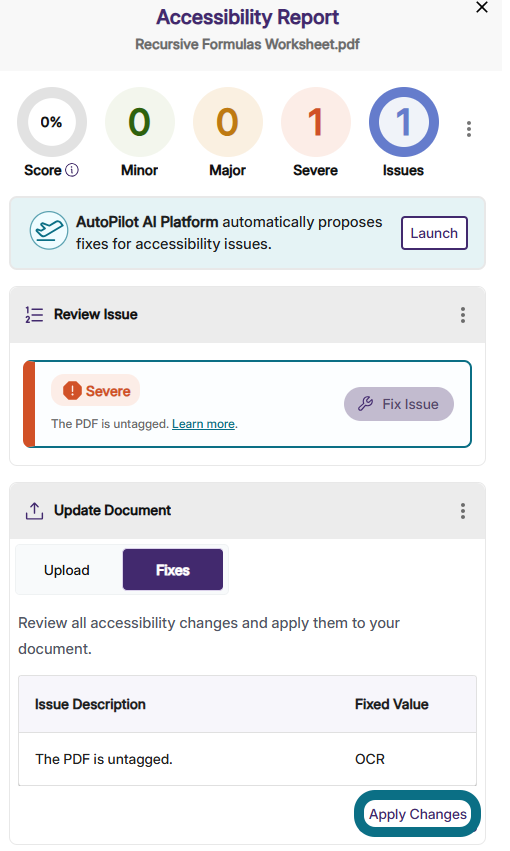 An image of the Accessibility Report page highlighting the Apply Changes button.