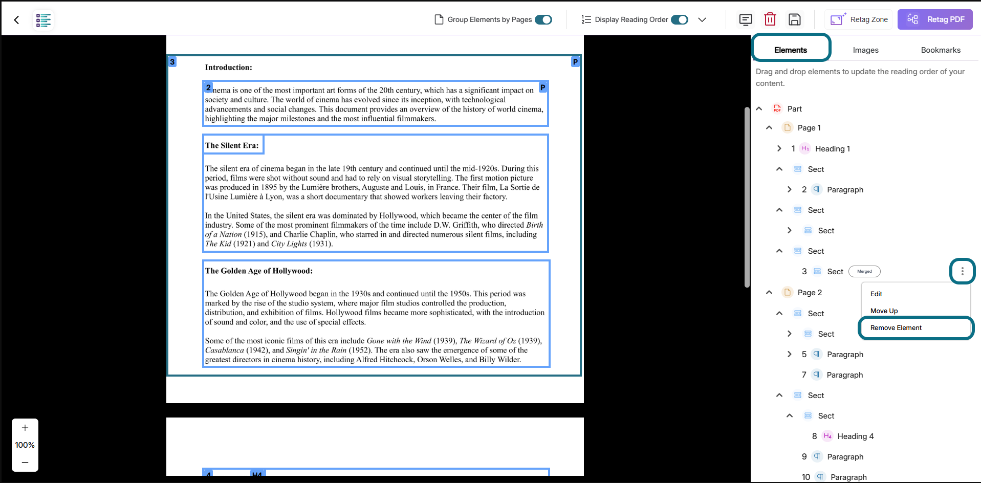 Panorama structural remediation with element tab, more actions button and remove element button circled