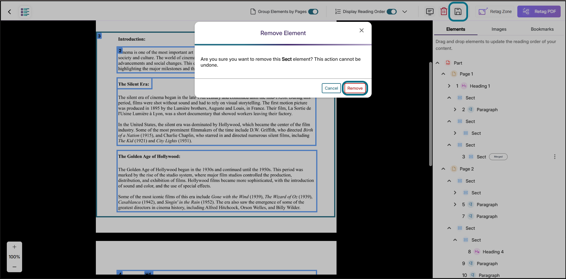 Panorama structural remediation with remove button and save button circled
