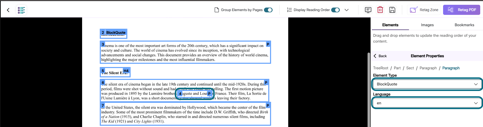 Panorama structural remediation with element, element type field and language fields circled