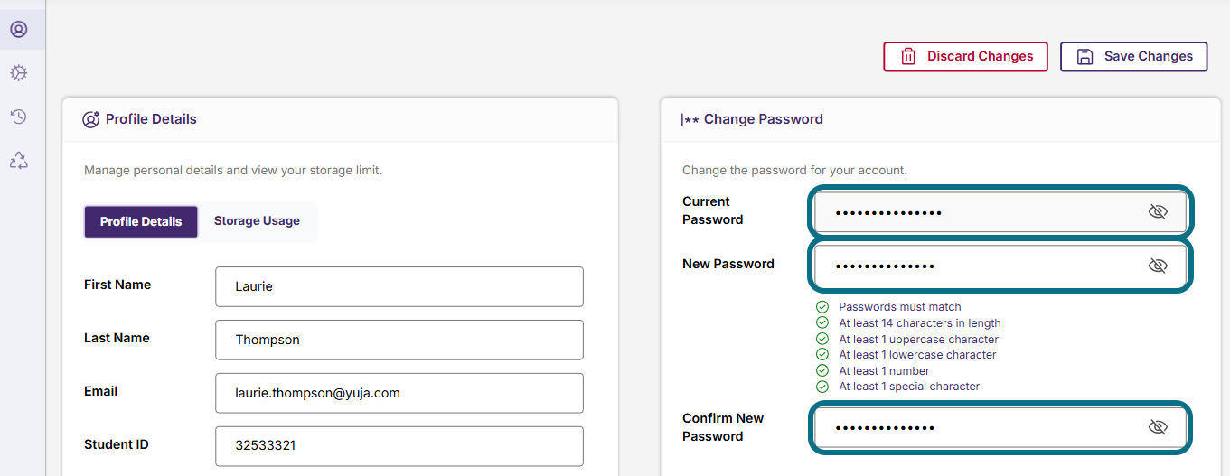Lumina my account page with current password, new password and confirm new password fields circled