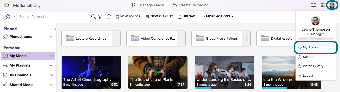 Lumina manage media page with profile button and my account button circled