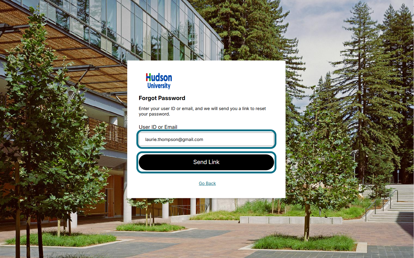 Hudson college lumina forgot password page with user id or email field and send link button circled
