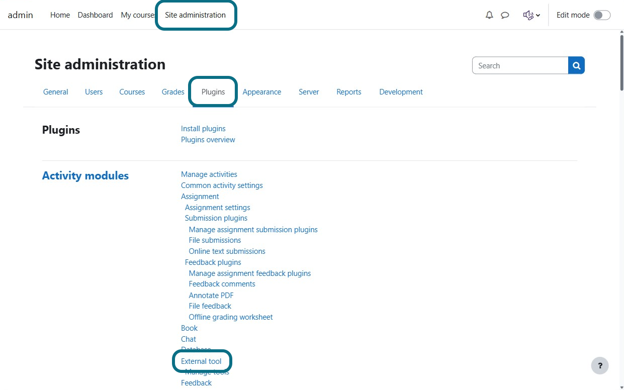 The external tool option is located within the activity modules section. 