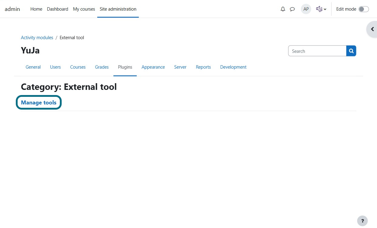 The Manage tools button is under the external tool category.